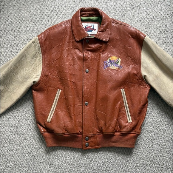 Vintage 1995 Planet Hollywood Leather Jacket Tan brown 2 tone Washington DC L - Picture 7 of 10